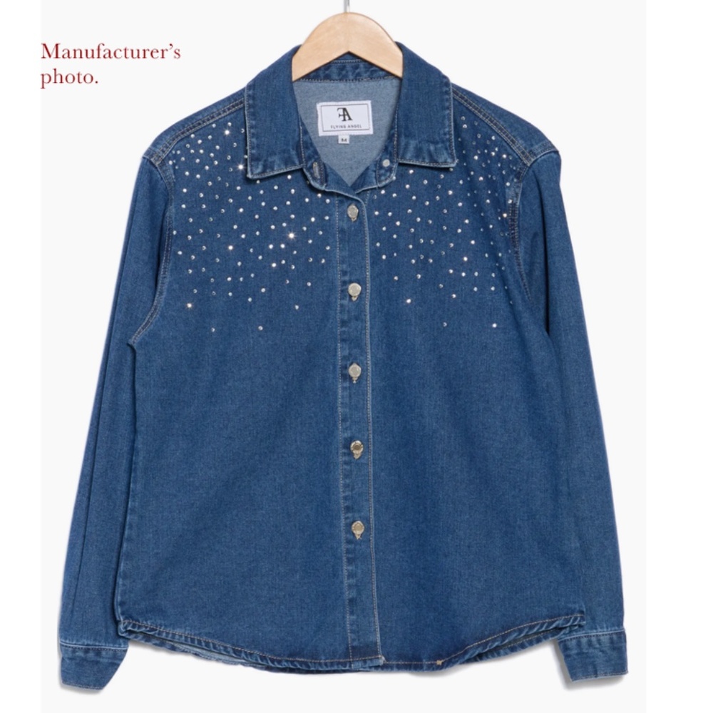 88% Cotton Rhinestone Denim Shirt Jacket Dark Blue Wash - M